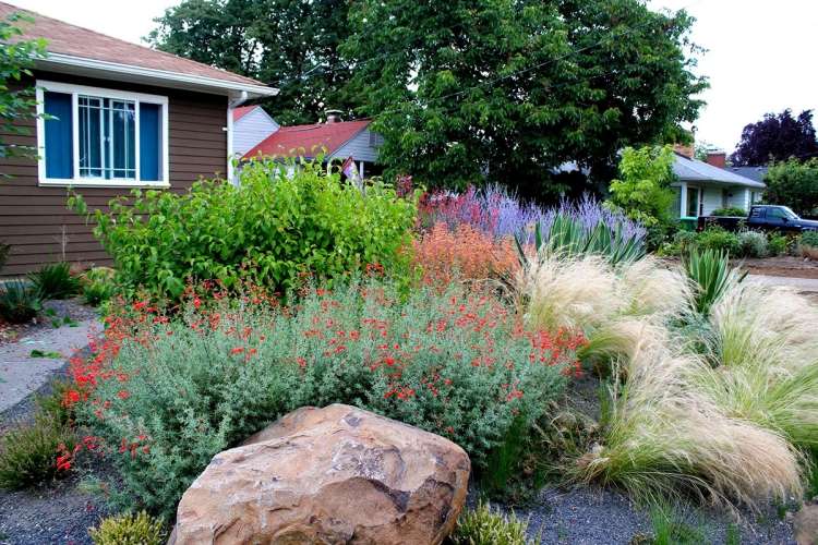 Medelhavet-trädgård-design-blommor-sten-grus-trädgården hus