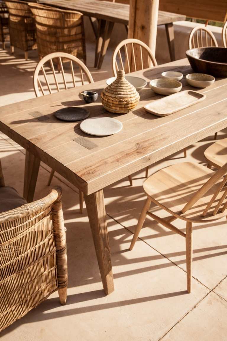 medelhavs-terrass-kalksten-utemöbler-naturligt trä-porslin-stolar-matbord-traditionellt