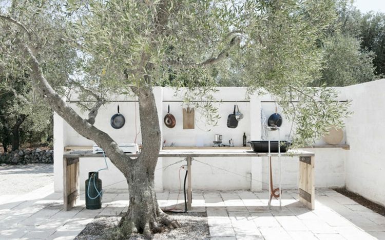 Medelhavet-trädgård-landskapsarkitektur-vitt-kök-utomhus-olivträd-kokkärl