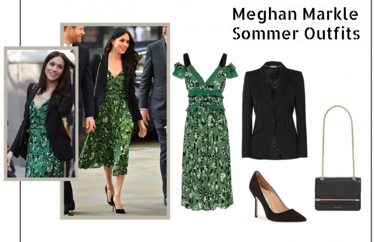 Meghan Markle Summer Outfit Medellång klänning Grön blommönster Blazer Ruffle Midja
