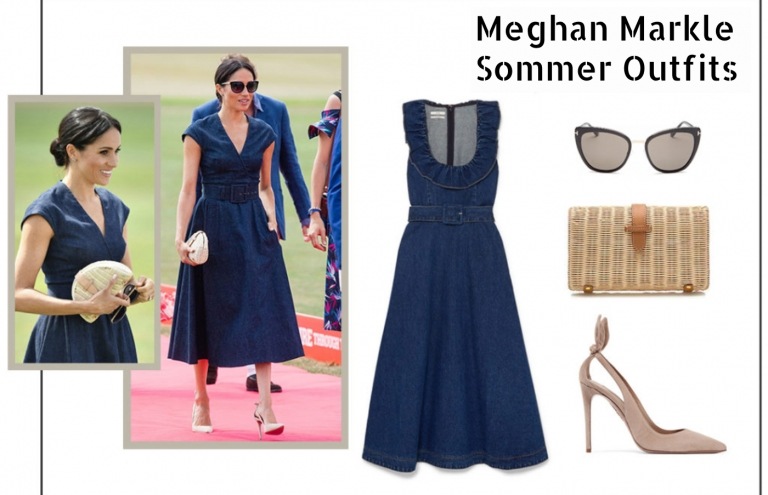 Meghan Markle sommarkläder denim klänning bred kjol solglasögon handväska bambu rotting