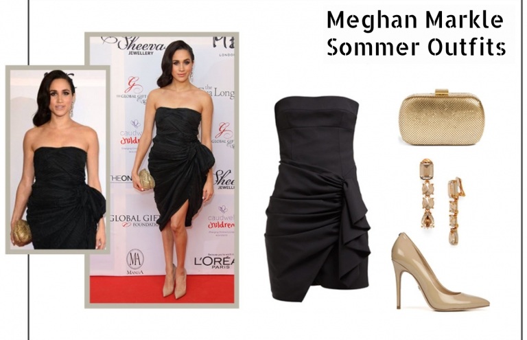 Meghan Markle Summer Outfit Black Mini Dress Ruffle Gold Clutch