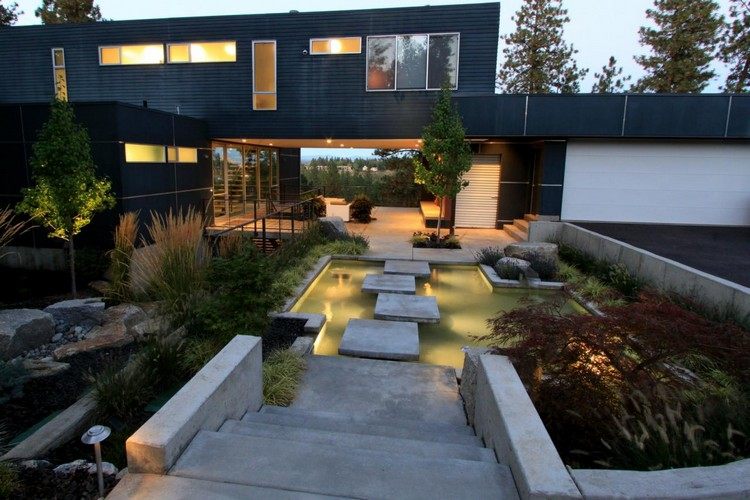 modern trädgårdsdesign damm-flytande-betong-platta-belysning