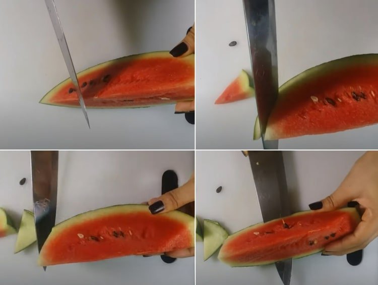 DIY -instruktioner för en vattenmelonfågel - klipp av hörnet och lossa fruktköttet
