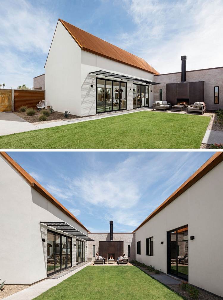 metall tak rost optik modernt hus trädgård utomhus öppen spis rost optik