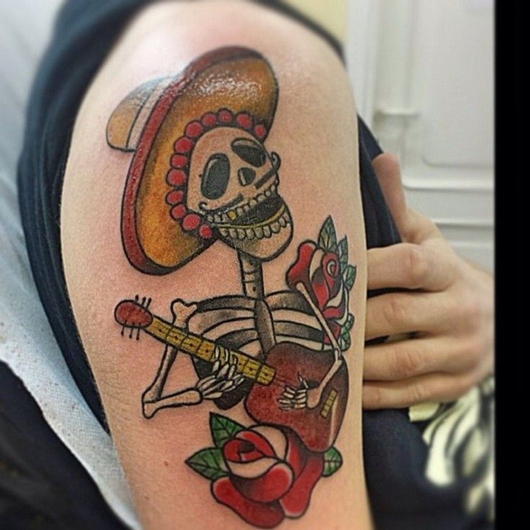 calavera mexikansk skalle och skelett med gitarr och sombrero
