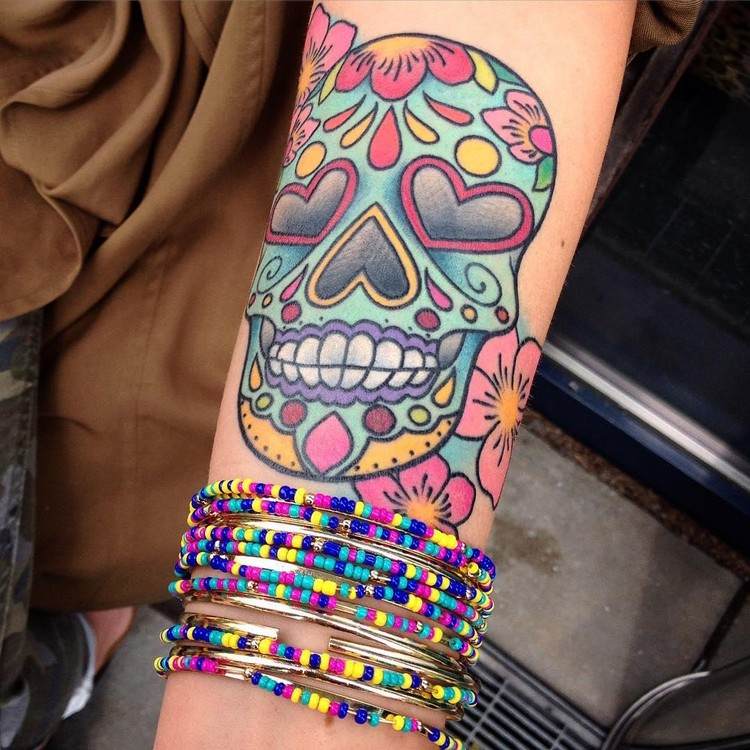 glad mexikansk skalle tatuering färgkombination av hjärtat blommönster mallar