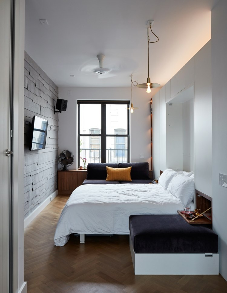 sovrum säng hängande lampor mikro lägenhet liv redigerad 2 graham hill new york