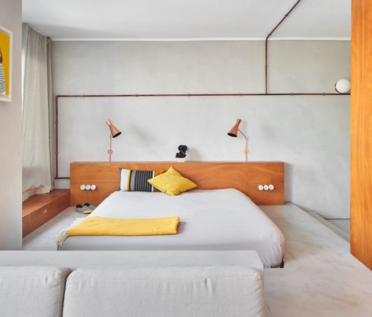 Mikrocement koppar sovrum säng mikro lägenhet minimalistisk inredning
