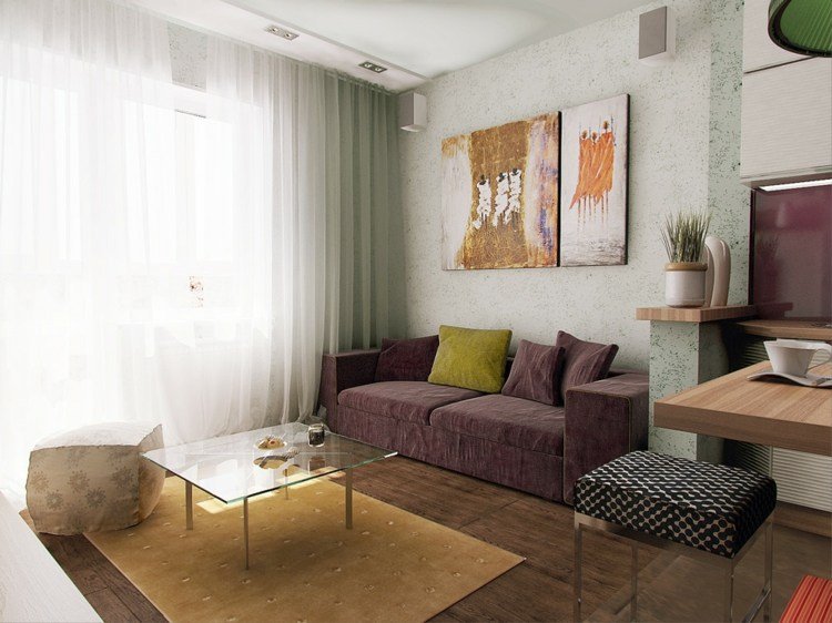 design mini lägenhet idéer velour soffa lila möbler mattan deco orange