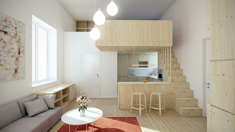idéer design lägenhet loft trä ljus matta orange soffa grå trappa kökspall