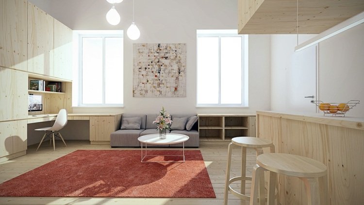 design lägenhet trä litet kök bar pall matta deco skrivbord fönster soffa