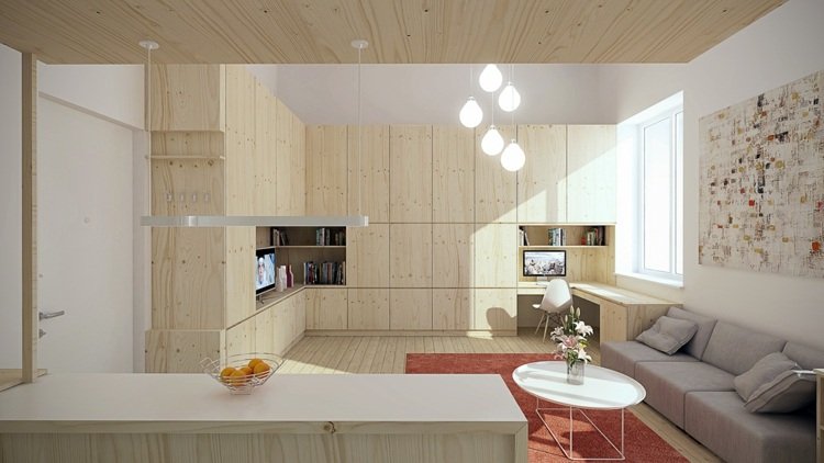designidéer minilägenhet inbyggd vägg vardagsrum trä loft matta soffa grå