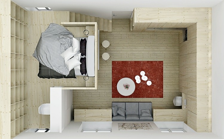 lägenhet idé design möbler loft säng trappor 3d projekt inbyggd garderob