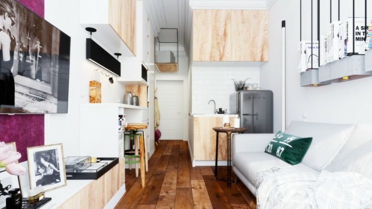 design mini lägenhet rosa fabricakzente soffa kök kylskåp parkett