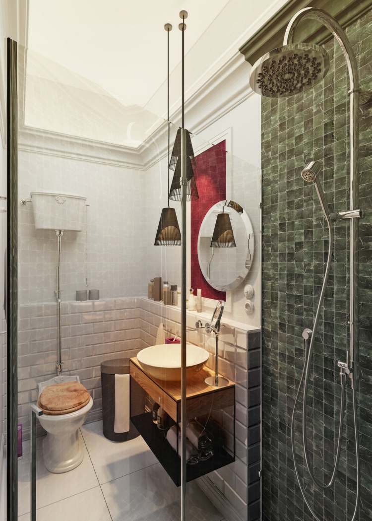 lägenhet mini badrum kakel mosaik mörkgrön toalettkonsol