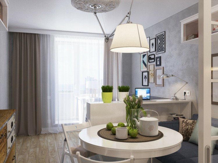 design idé matsal lägenhet runt bord vita gardiner parkett skrivbord