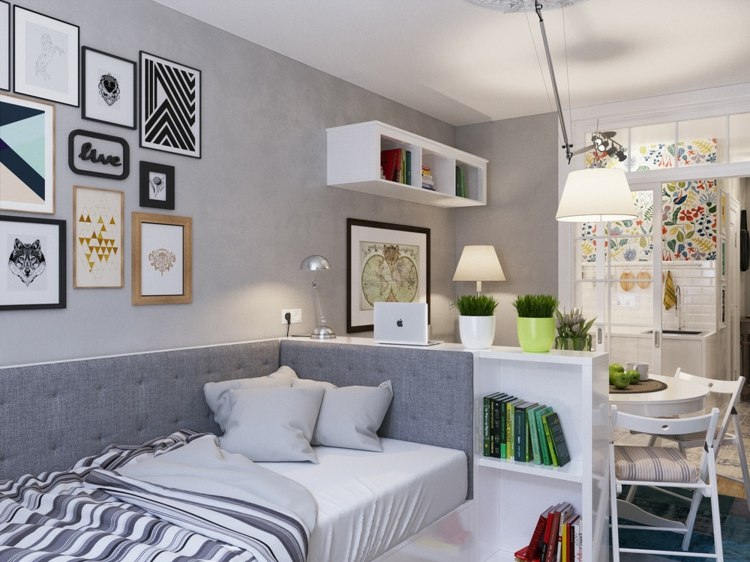 lägenhet mini design idé möblering säng vardagsrum matbord vita bilder