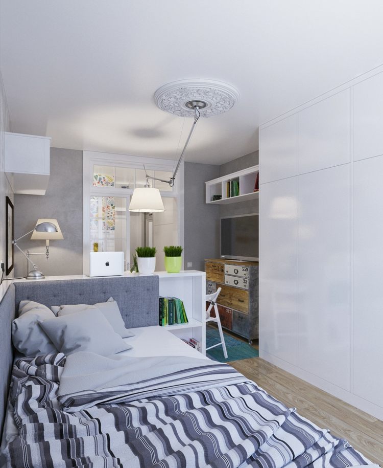 mini design idé sovplats säng lägenhet möbler modern parkett grå