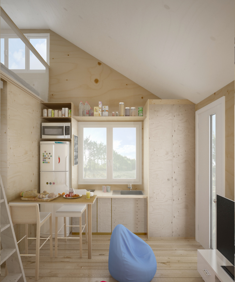 design mini lägenhet trä kylskåp kök beanbag blå matbord fönster