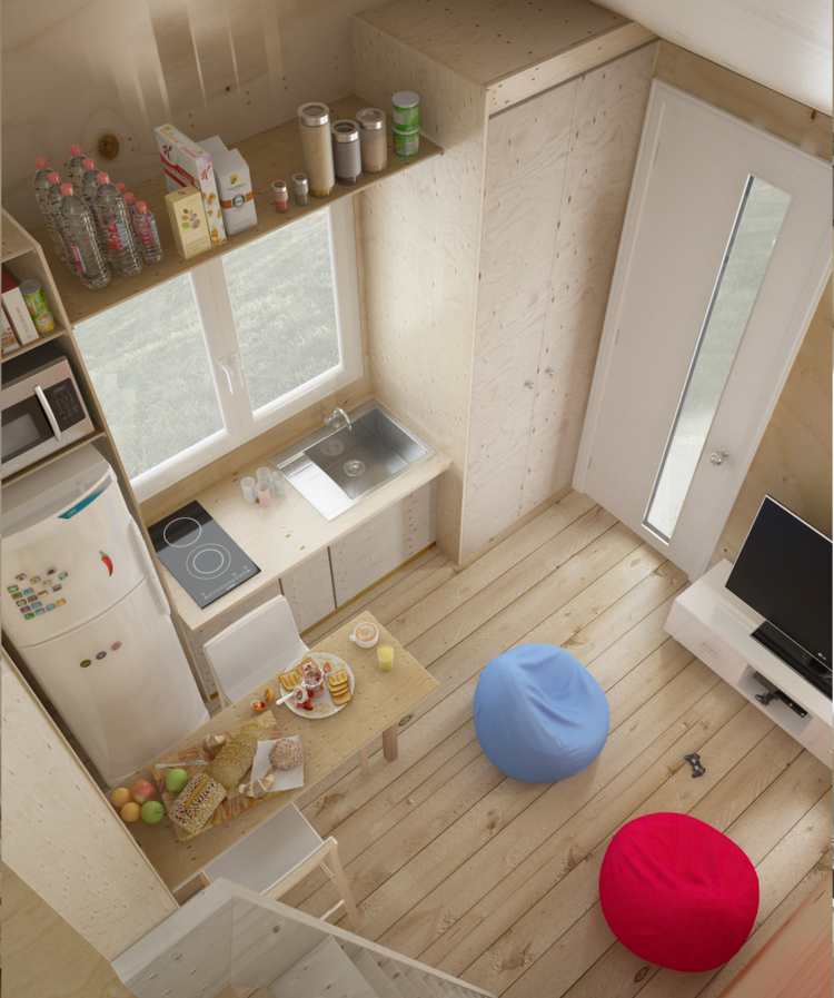lägenhet idé design beanbag kök matbord kylskåp parkett tv
