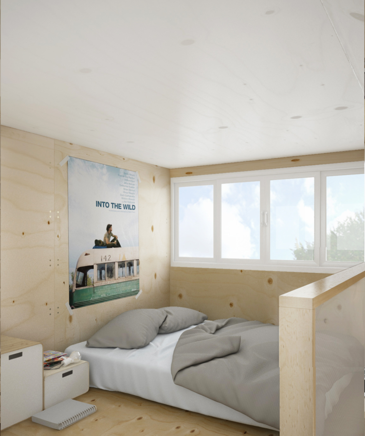 lägenhet design säng trä modern skandinavisk stil fönsteraffisch