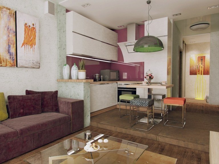 lägenhet idéer design mini färger lila vitt kök modernt matbord glasbord
