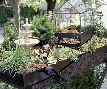 miniatyr trädgård mini fontän litet hus