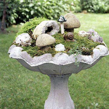 miniatyr trädgård sandsten planter snigel svamp