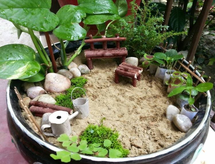 miniatyr trädgårdar i planters tropisk stil sand trä bänk stenar