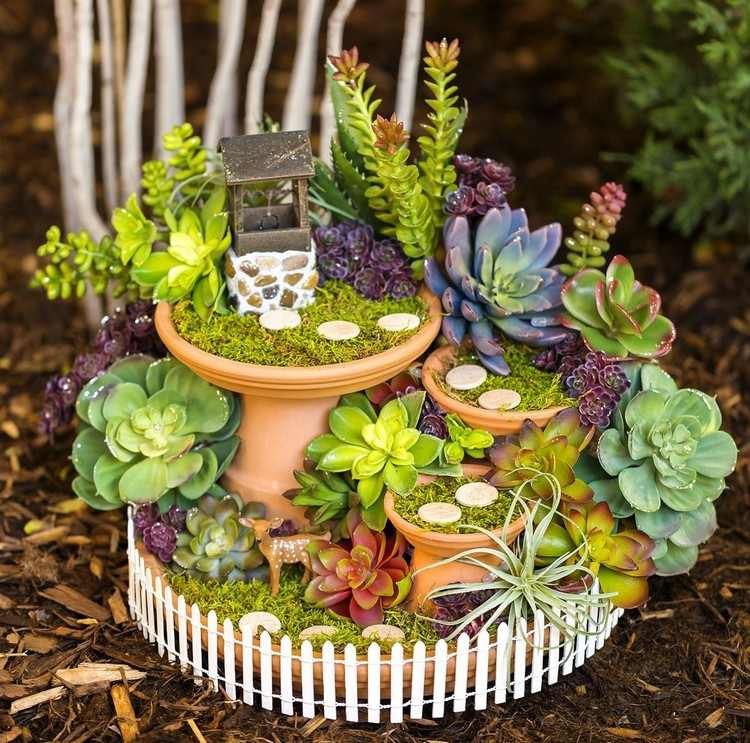 Skapa mini-trädgårdskrukor-succulenter-mini-önskande brunnar