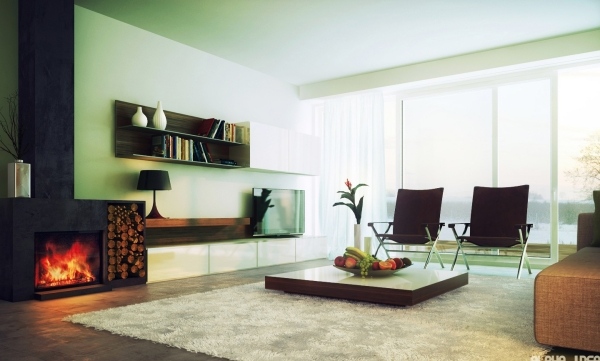 minimalism i vardagsrummet matta trä hyllor soffbord design