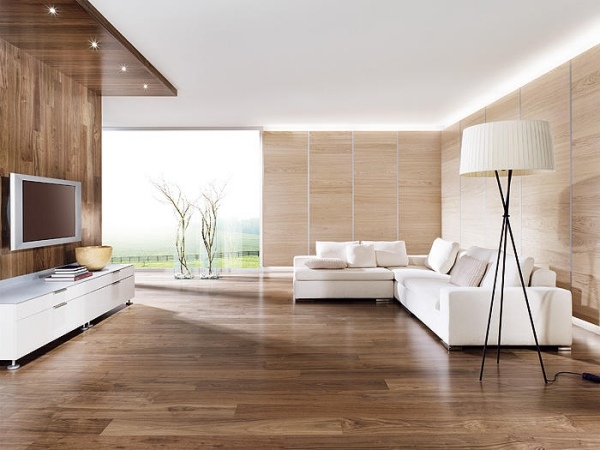 minimalism vardagsrum träpanel vägggolv vita möbler