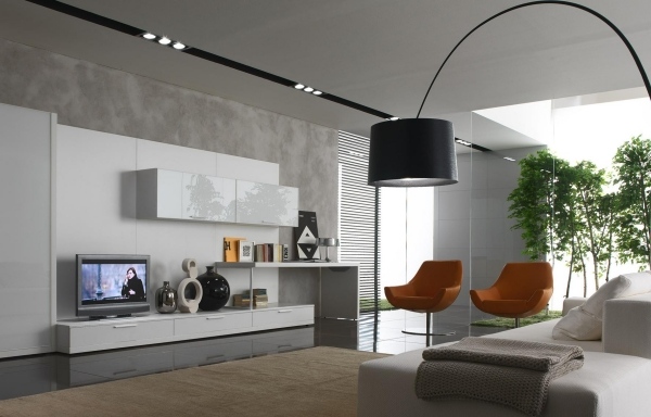 minimalism i vardagsrummet högglans vit väggsenhet infällda lampor