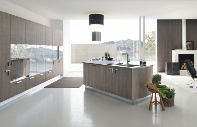 minimalistiskt modernt kök träfronter brungrå ö