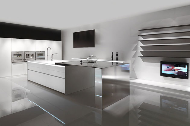 modernt kök minimalistiskt vitt grå inbyggda vitvaror högblank