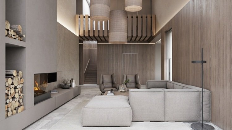 minimalistiska möbler träpaneler vardagsrum