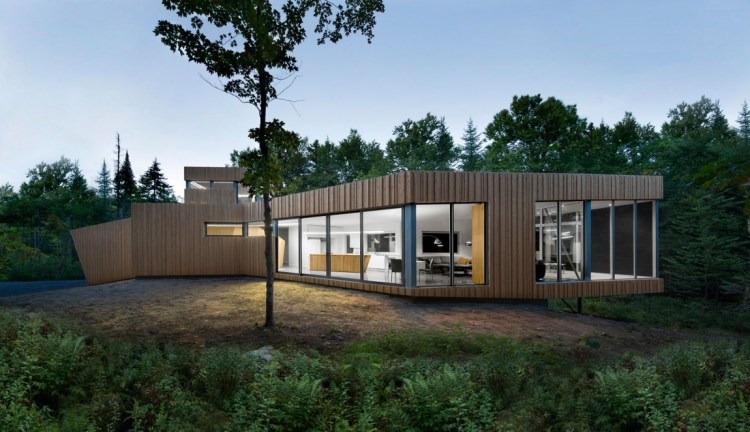 Minimalistisk levande -natur-modern-hus-arkitektur-platt-tak-trä-fasad