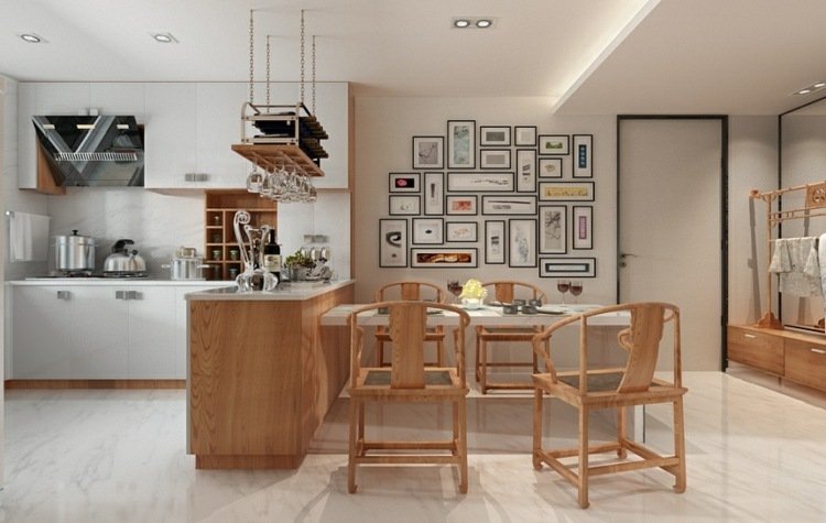 minimalistisk vardagsrumsdel-möblering-matsal-bord-stolar-fotocollage-vägg