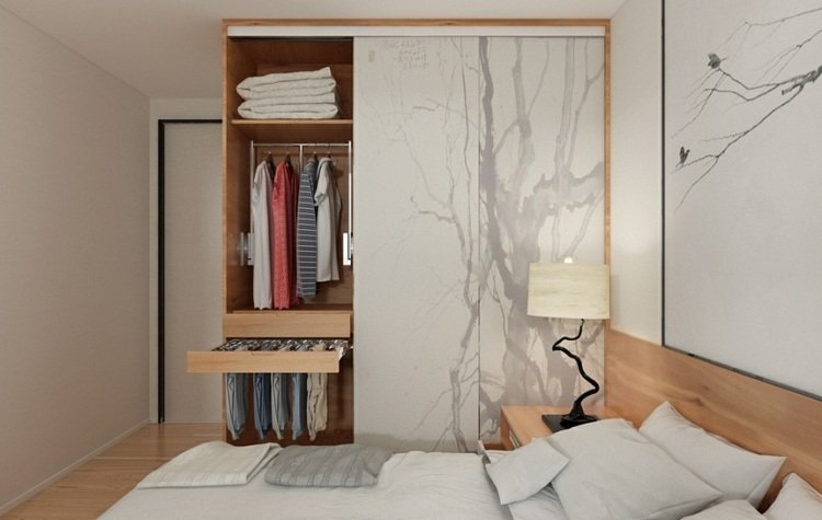 minimalistisk-levande-lyx-sovrum-säng-garderob-skjutdörr-idé-väggmålning