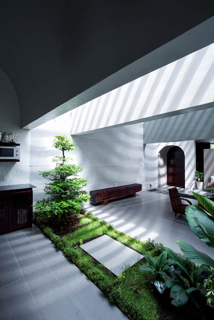 minimalistisk-arkitektur-inomhus grönning-takfönster-dagsljus-grå-växter