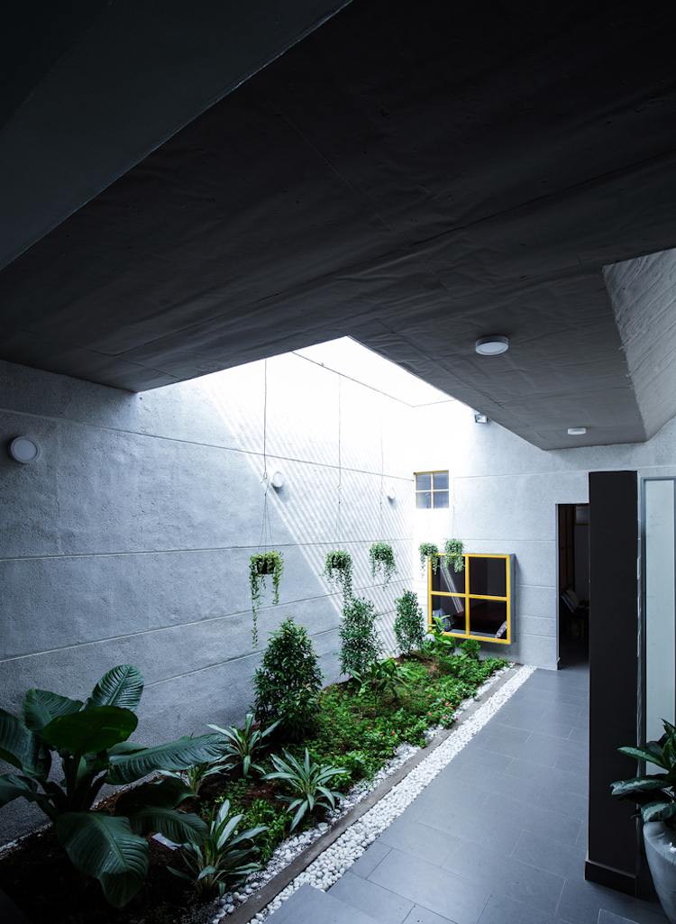 minimalistisk-arkitektur-interiör-landskapsarkitektur-takfönster-växter-grön-grå