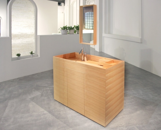 minimalistisk badrumsmöbler serie lärkträ handfatskåp