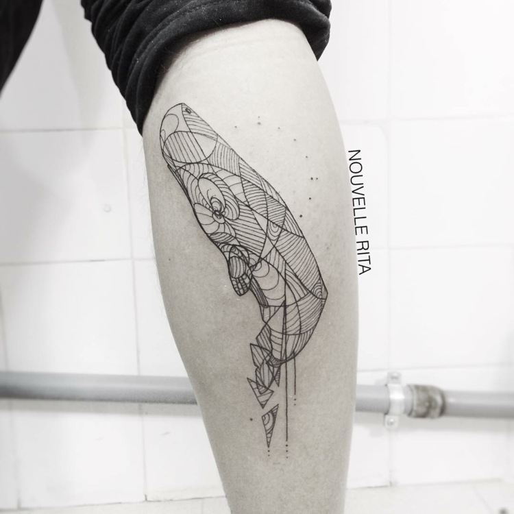 geometriska djur tatueringar whale ocean tema underben kalv