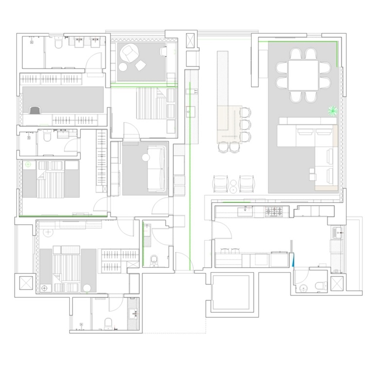 Planritning av lägenheten med kök i grått matt i det öppna vardagsrummet och tre sovrum