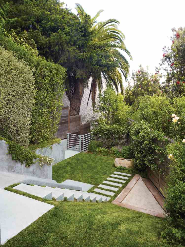 Minimalistisk trädgård-trappa-sluttning-gräsmatta-klätterväxter