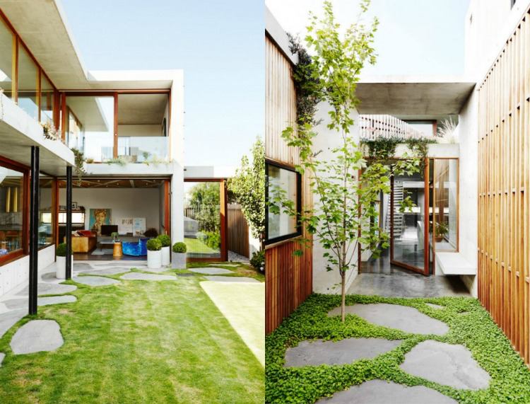 Minimalistisk trädgård-marköverdrag-innergård-betongplattor-gräsmatta-terrass