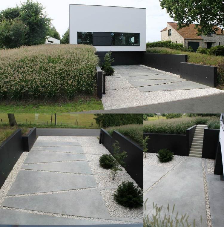 minimalistisk-trädgård-betong-kakel-vit-småsten-lampa renare gräs