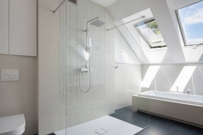 minimalistiskt badrum duschområde glasvägg sluttande tak