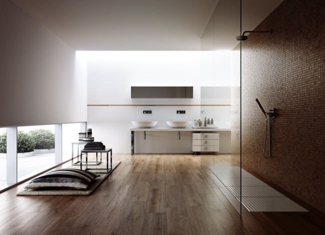 minimalistiska badrum golvplattor trä look mosaik dusch område